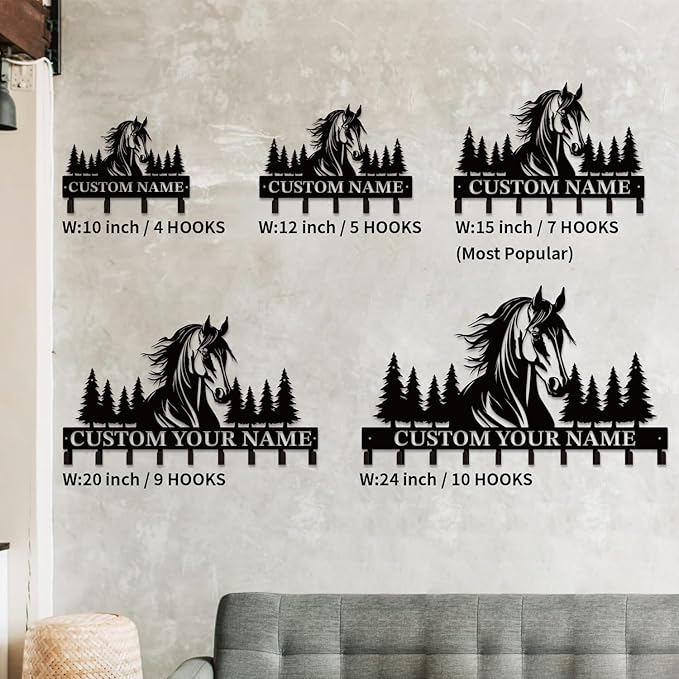Personalized Custom Name Farm Horse Wall Key Hooks,Metal Horse Art Clothes Hooks,Metal Horse Wall Home Storage Decorative,For Front Door, Hallway, Kitchen, Bedroom,Keys,Hats (Style B)