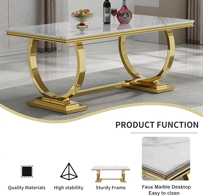 Goujxcy 5 Piece Marble Dining Table Set for 4, Luxury White Marble Gold Kitchen Table with 4 Green Velvet Upholstered Chairs, Modern 4 Person Dining Room Table Set for Kicken Dining Office Room