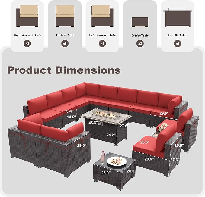 Kurapika 15 Pieces Patio Furniture Set, Rattan Wicker Outdoor Conversation Sets w/43in Propane Fire Pit Table and 4 Inch Cushion(Red)