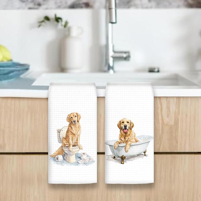 Funny Golden Retriever Dog Hand Towels Set of 2, Gifts for Golden Retriever Dog Owners Lovers, Puppy Pet Decor for Bathroom, Pet Lovers Gifts Toilet Hand Towels for Bathroom Washroom, 16x24In