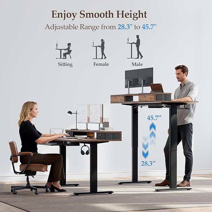 Klicelor 48 Inch Electric Standing Desk with Drawers and Keyboard Tray, Height Adjustable Desks for Home Office, Sit Stand Up Computer Workstation with Two Pieces, Rustic Brown