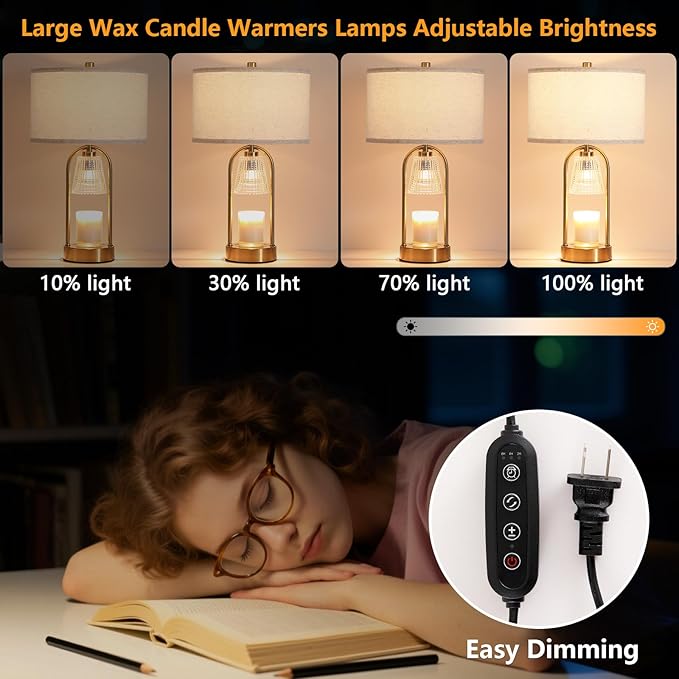 Plug in Gold Candle Warmer Lamp with Timer Dimmable, Wax Melts Candle Warmer with Beige Fabric Shade Lamp, Gold Table Lamp for Bedroom,Mothers, Gifts,Scented Jar, Include 3 Bulb