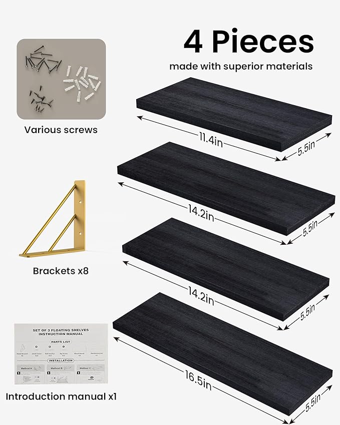 BAYKA Floating Shelves for Bedroom Decor, Wall Shelves for Storage, Wall Mounted Rustic Wood Floating Shelf for Books,Corner Shelf for Bathroom,Kitchen,Living Room(Black and Gold，Set of 4)
