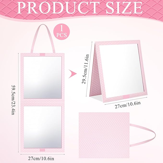 Foldable Travel Portable Full Length Mirror, Dance Bag Hanging Mirror Full Body Mirror for Dance, Camping, Travel, Dance Competition Must Haves Backstage Folding Hanging Mirror (Pink, 24*11 Inch)