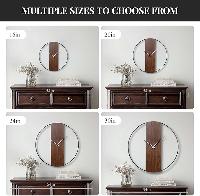 Large Wall Clock 24 Inch Decorative Modern Minimalist Wall Clocks for Living Room Decor, Silent Non Ticking Battery Operated Rustic Big Clock with Walnut Dial for Bedroom, Kitchen, Farmhouse, Office
