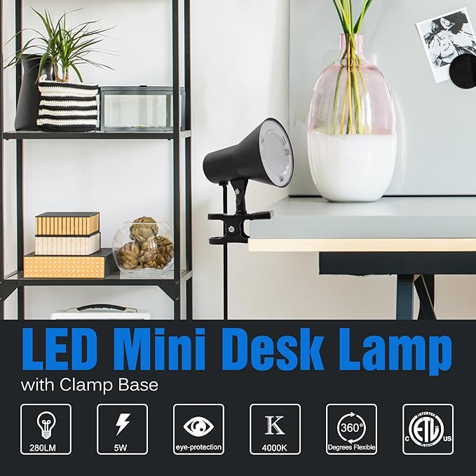 LED Clip-on Desk Lamp, 360° Adjustable Clamp Desk Light with Switch, 5W 280LM 4000K Cool White Small Table Light Plug-in for Home Office, Study, Dorm, ETL Listed