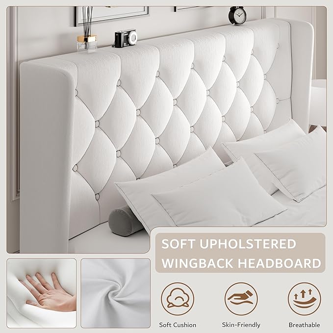 iPormis Queen Size Velvet Platform Bed Frame with Button Tufted Headboard, Upholstered Bed Frame with Solid Wooden Slats, 8" Underbed Space, No Box Spring Needed, Noise Free, Easy Assembly, White