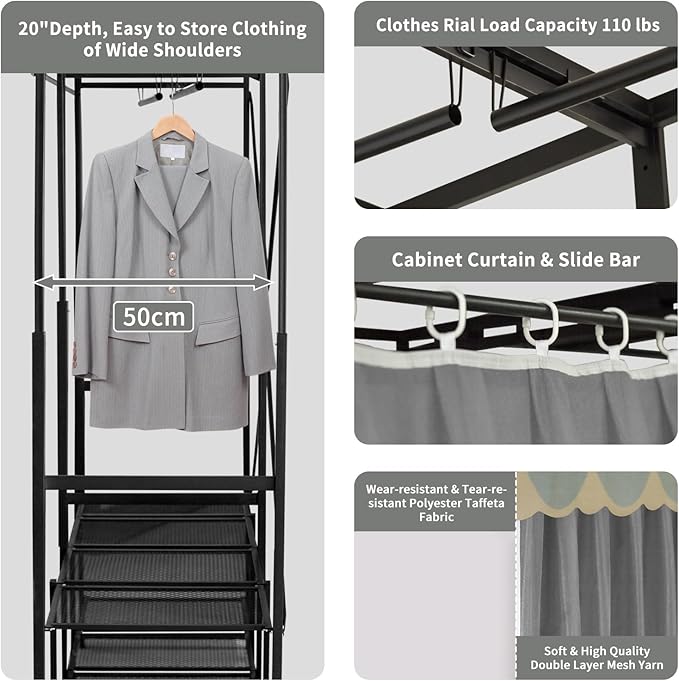 Portable Closet Rack Heavy-Duty Foldable Garment Racks with Cover 1200lbs Enclosed Wardrobe Closet with Independent Area for Hanging Clothes Storaging of Bedding (66in*20in*67in)