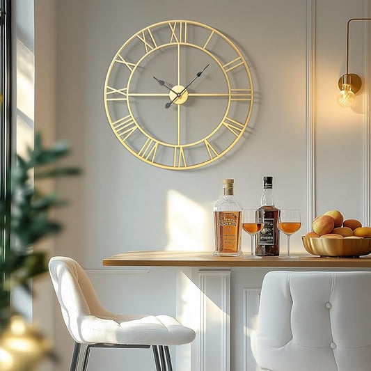 Gold 30 Inch Extra Large Wall Clock for Living Room Kitchen Mantel, Battery-Operated Metal Roman Number Round Decorative Big Clock for Bedroom, Silent Non-Ticking