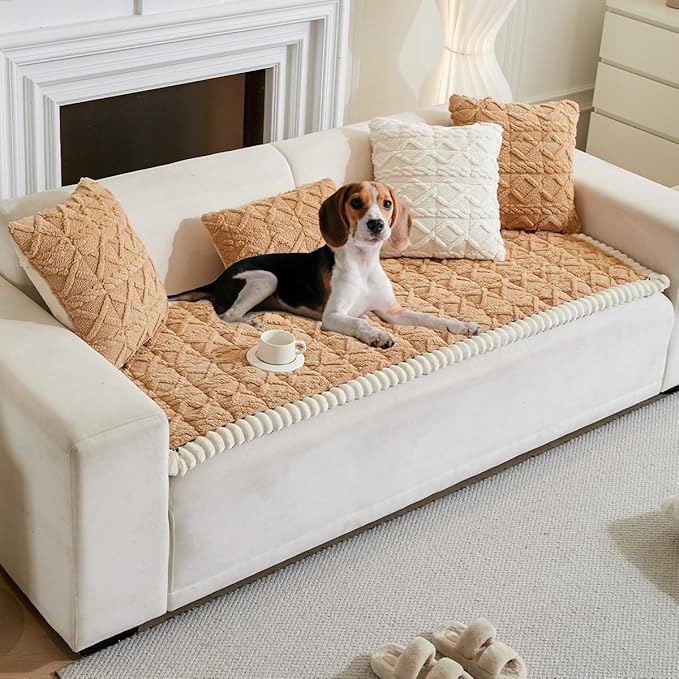 Couch Cover for Dogs Fuzzy Sofa Covers for Pet, Geometric Jacquard Coral Pet-Friendly Washable Non-Slip Sofas Slipcover Cushion Protector Pets Mat Dog Bed Mats