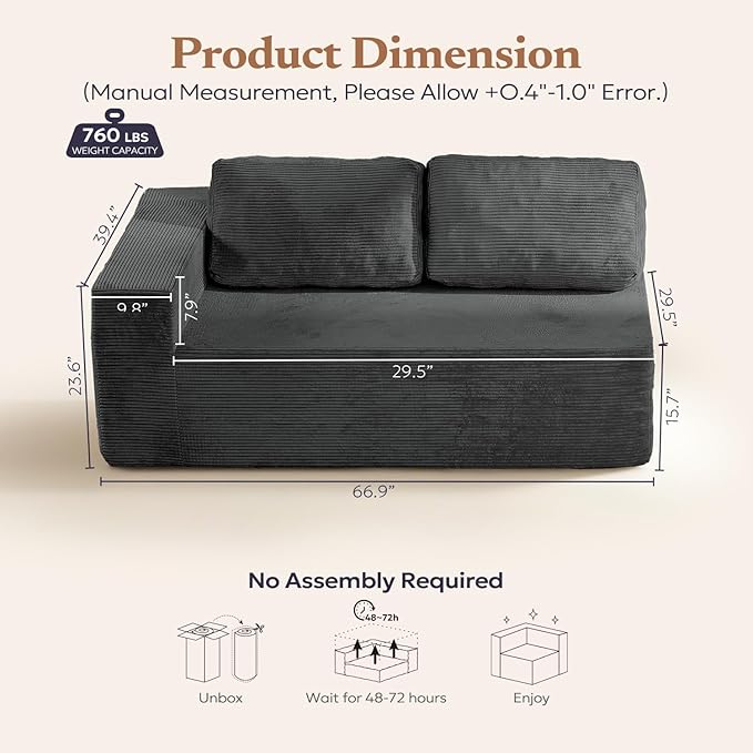 Loveseat Sofa, Cloud Modular Sofa Couch, Upholstered Floor Sofa with Deep Seat, Upholstered Foam Couch for Bedroom Living Room, No Assembly Required (Corduroy Fabric, Grey)