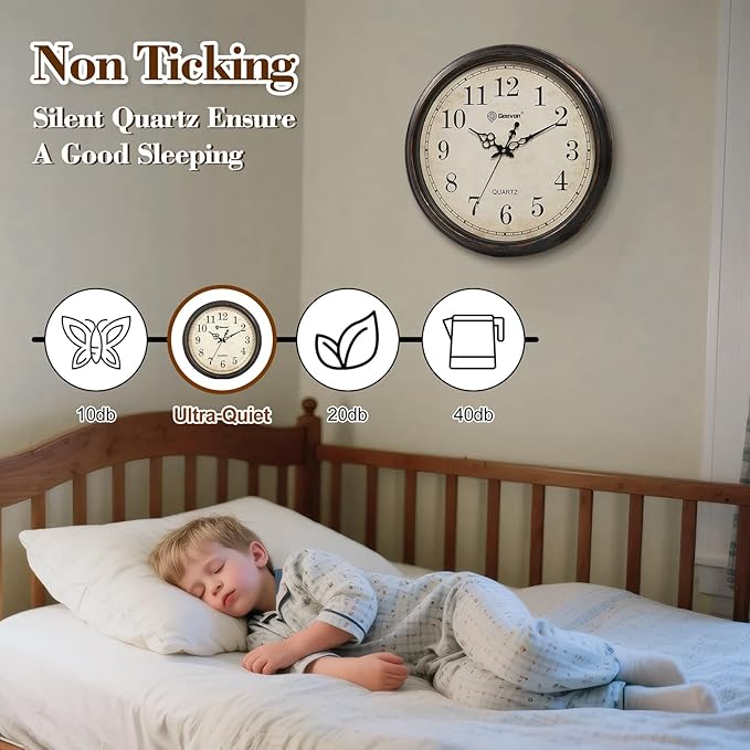 Geevon Vintage Wall Clock, Silent 18" Non Ticking Retro Round Clock Quartz Decorative Battery Operated Wall Clock for Kitchen, Office, Bedroom, Living Room, Classroom, Decor