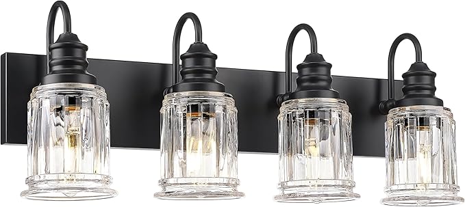 HWH 4-Light Bathroom Vanity Light, Wall Light Sconces for Bathroom, Dressing Table, Black Bathroom Mirror Wall Light with Bell-Shaped Clear Glass, Matte Black Finish, 5HZG106B-4W BK