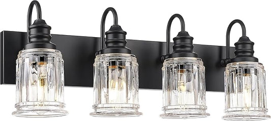 HWH 4-Light Bathroom Vanity Light, Wall Light Sconces for Bathroom, Dressing Table, Black Bathroom Mirror Wall Light with Bell-Shaped Clear Glass, Matte Black Finish, 5HZG106B-4W BK