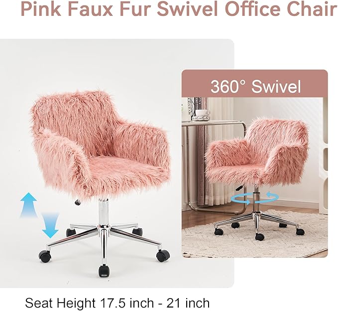 Goujxcy Fluffy Desk Chair, Pink Faux Fur Vanity Chair Swivel Office Chair for Girls Women, Height Adjustable Cute Plush Furry Makeup Chairs for Bedroom Home Office