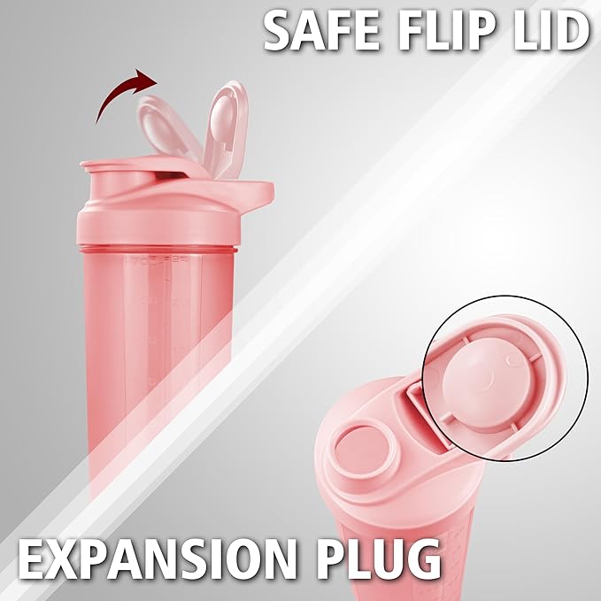 ShakerZoo-6 Pack-Protein Shaker Bottles for Protein Mixes, Shaker Cups for Protein Shakes, 3 pcs 24 ounce and 3 pcs 20 ounce (Pink)