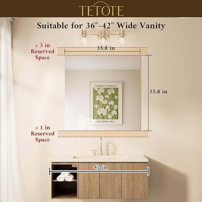 TETOTE Frameless Mirror 36" x 36" Square Tempered Vanity Mirror for Bathroom Sink, Suitable for Bedroom, Entryway, Hallway, Home Gym, Horizontal or Vertical