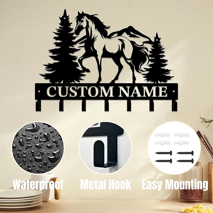 Personalized Custom Name Farm Horse Wall Key Hooks,Metal Horse Art Clothes Hooks,Metal Horse Wall Home Storage Decorative,For Front Door, Hallway, Kitchen, Bedroom,Keys,Hats (Style K)