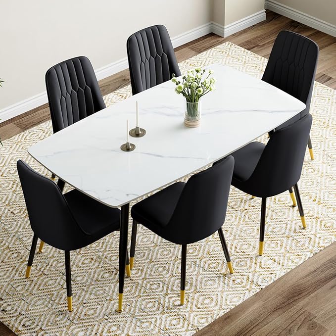 7 Piece Modern Dining Set, 62'' Sintered Stone Dinner Table for 6, 6 Chairs, Easy to Assemble