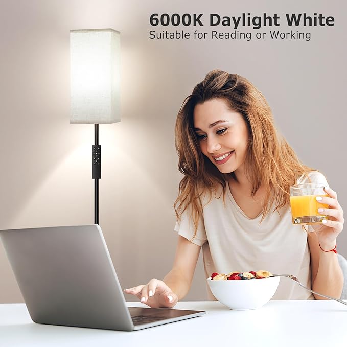 Ambimall 64'' Modern Floor Lamp with Remote, Tall Lamps for Living Room, Bedroom, Office, Dining Room, Beige Square Shade with Black Pole(Included Bulb)