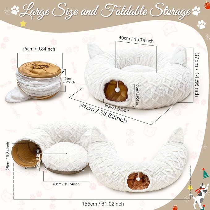 OurWarm Large Cat Tunnel Bed for Indoor Cats with Soft Cushion & Cat Toys, Round Under Tree Cats Donut Tunnel Christmas Tree Skirt, White Plush Pet Peekaboo Cave for Kitten/Puppy/Rabbit to Play