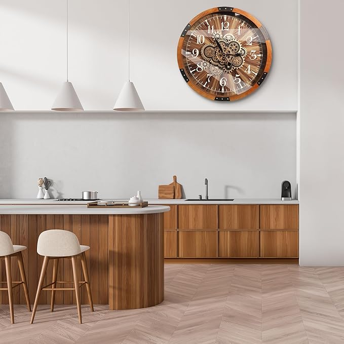 Wall Clocks for Living Room Decor, Large Real Moving Gears Clock, Vintage Industrial Oversized Rustic Farmhouse Kitchen Office Fireplace Wall Decor (Brown, 27 inch)