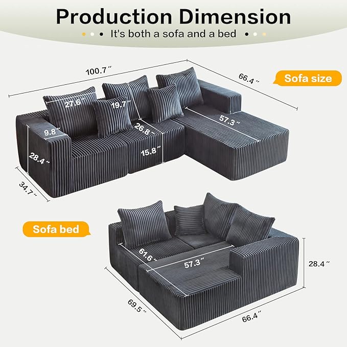 Boneless Couch, Memory Foam Couch in a Box, 100.7" Modular Sectional Couches Corduroy Fabric, Modern Sofa with Deep Seat, Compressed Sofa for Living Room, Bedroom (Grey, Right Facing Chaise)