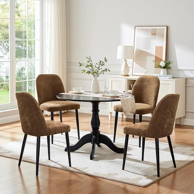 Upholstered Dining Chairs Set of 4, Mid Century Modern Fabric Dining Room Chair High-Back Padded Kitchen Chairs with Padded Seat and Metal Legs for Kitchen Dining Room Restaurant Cafe, Brown