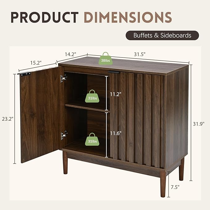 Fluted Cabinet with Storage, Buffet Cabinet Sideborad with Door, Kitchen Buffet Storage Accent Cabinets with Adjustable Shelves for Living Room, Entry, Hallway, Brown, Walnut