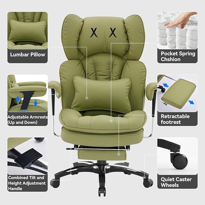 Efomao Big and Tall Office Chair 400lbs, Ergonomic High Back Executive Office Chair with Footrest, Wide Computer Desk Chair for Home Office, Comfortable PU Leather Heavy Duty Chair，Green