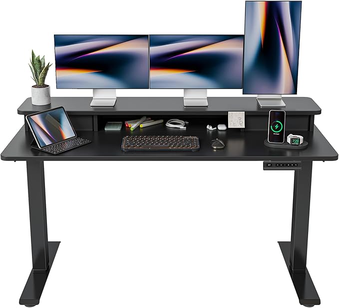 FEZIBO 63 x 28 Inch Deeper Height Adjustable Electric Standing Desk with Double Drawers, Sit Stand Up, Home Office Computer Desk with 4 Height-Adjustable Feets & 2 Hooks, Black Frame/Black Top
