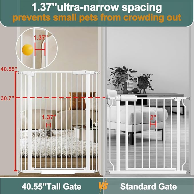 40.55" Tall 1.37" Ultra Narrow Spacing Dogs Pets Baby Gate for Doorway Hallway Safety Proof Indoor 30.11-34.05" Extra Wide Puppy Pressure Mounted No Drill Walk Through White Metal
