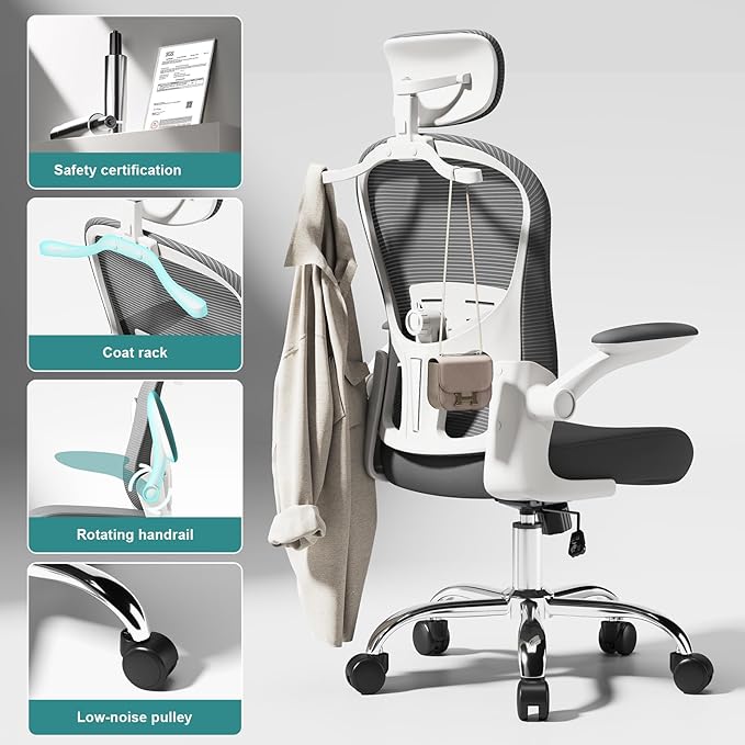 Ergonomic Gaming Chair with Adjustable Lumbar Support and Headrest, High Back Computer Chair for Office and Home Desk, 90-120° Reclining Swivel Task Chair with Flip-Up Arms(White-Grey)