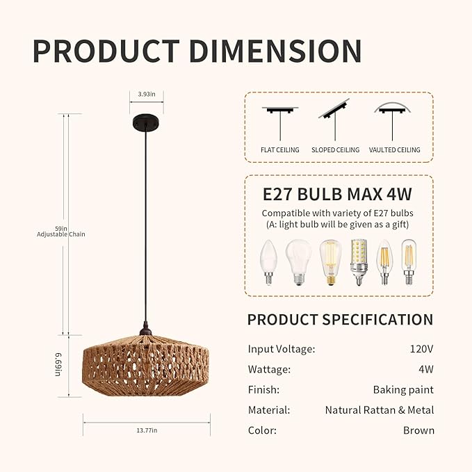 14'' Natural Rattan Chandelier Small Rattan Pendant Light -Farmhouse Boho Hanging Light with Included E27 Bulb, 120V Wicker Chandelier for Dining Room Bedroom Living Room Island