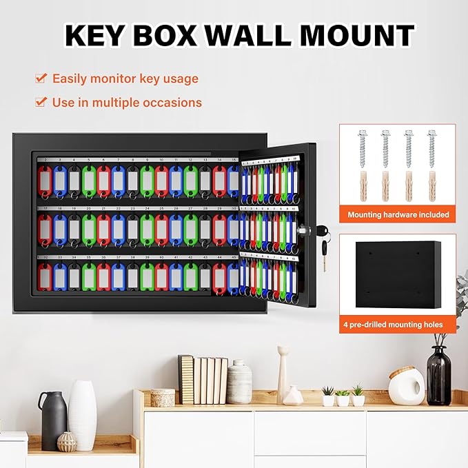 75 Keys Key Lock Box Wall Mount with 75 Colored Key Tags, Anti-Theft Key Box Key Cabinet with Side Opening, Key Organizer Key Safe for Home Office Garage Rental Business