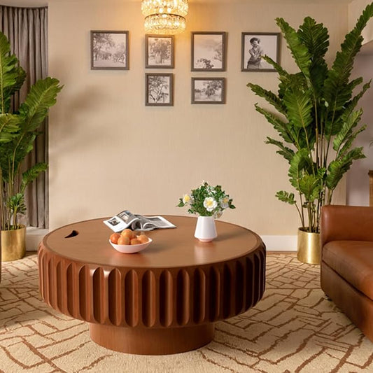 31.5in Drum Coffee Table with Storage Modern Unique Fluted Tea Table Contemporary Round Coffee Table with Fluted Center Table for Small Space Apartment (31.5in)