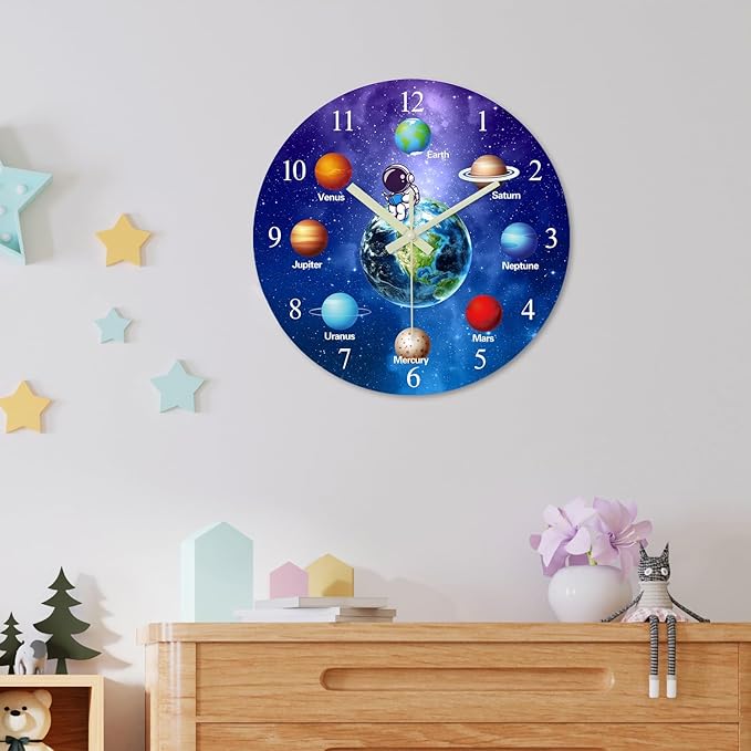 Silent Wall Clock Non Ticking 14 Inch Decorative Wall Clocks Battery Operated Blue Glow in The Dark Clock for Teen Bedroom