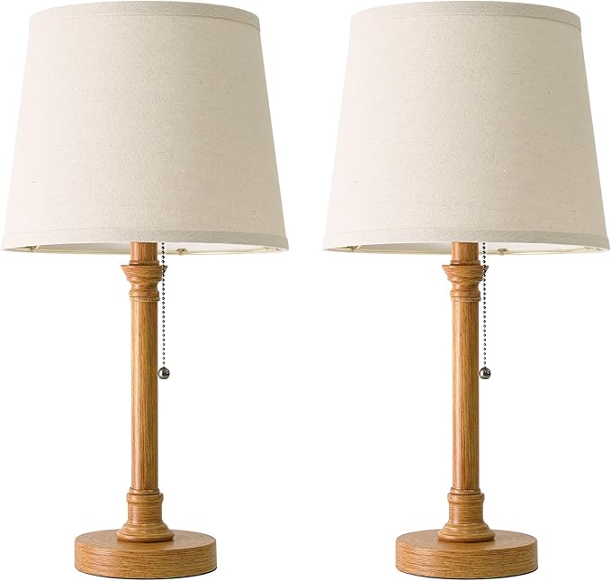 Oneach 19.5" Wood Grain Table Lamps Set of 2, Pull Chain Switch Bedside Table Lamps, Modern Nightstand Lamp with Linen Shade, Small Desk Lamp for Living Room, Bedroom, Home Office, Nursery