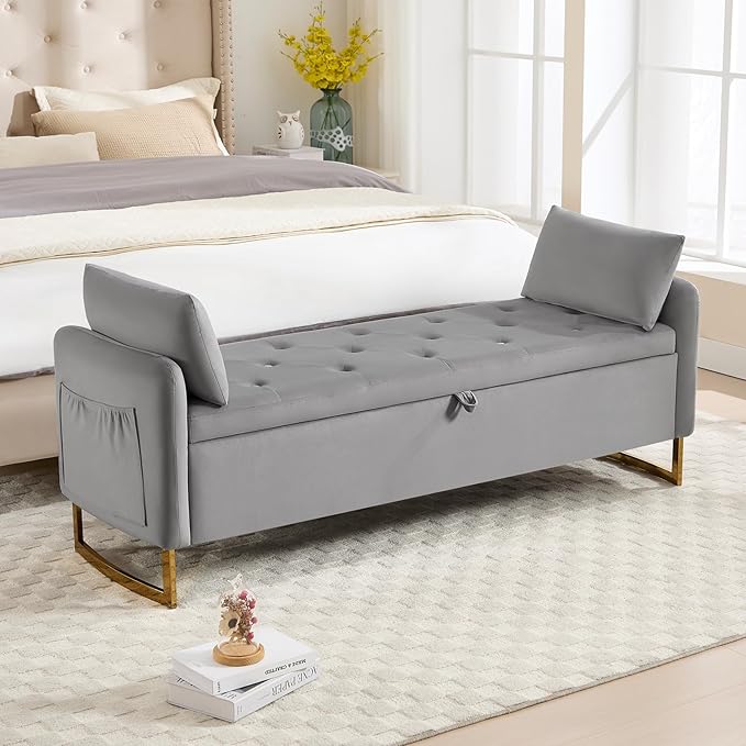 65" Storage Ottoman Bench for Bedroom, End of Bed Storage Bench King Size with Tufted Button Upholstered and Gold Legs, Bedroom Benches with Armrests for Living Room Window, Light Grey