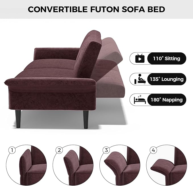 89” Futon Sofa Bed, Comfy Futon Couch Bed with 2 Square Pillows, Convertible Sleeper Sofa with Adjustable Backrest& Armrests, Modern Loveseat Sleeper for Living Room,Velvet Fabric Burgundy
