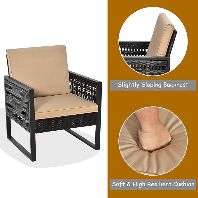 Tangkula 3 Piece Patio Wicker Bistro Set, Outdoor Rattan Sofa, Conversation Furniture w/Coffee Table, Seat and Back Cushions, Garden, Backyard, Balcony, Poolside