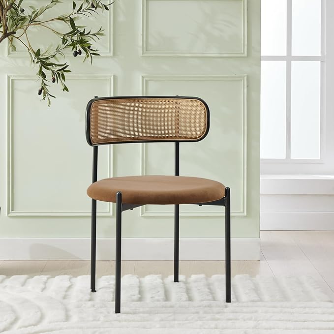 Rattan Dining Chairs Set of 6, Mid Century Modern Dining Chairs with Cane Back and Boucle Upholstered Seat, Farmhouse Kitchen Chairs for Dining Room and Living Room, Brown