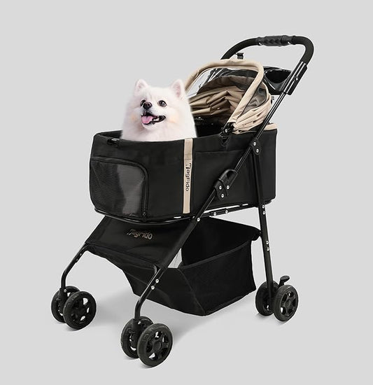 Pet Stroller,4Wheels 3in1 Multifunctiona Dog Stroller with Brake,33lb Weight Capacity,Lightweight Portable One-Click Folding,Storage Basket Cup Holder,for Dogs/Cats Travel,Khaki