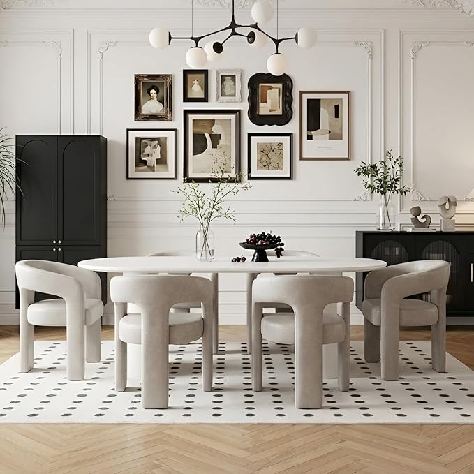 Set of 6 Modern PU Leather Upholstered Dining Chairs with Open-Back, Cute Barrel Side Chairs Kitchen Armchair Accent Chairs for Dining Room Bedroom, Grey