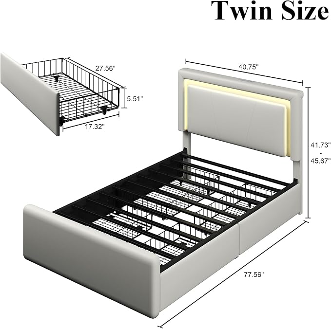 Twin Size Bed Frame with 4 Storage Drawers and LED Lights, Upholstered Platform Bed with Adjustable Headboard and Charging Station, Metal Slats Support, No Box Spring Needed,Easy Assembly, White
