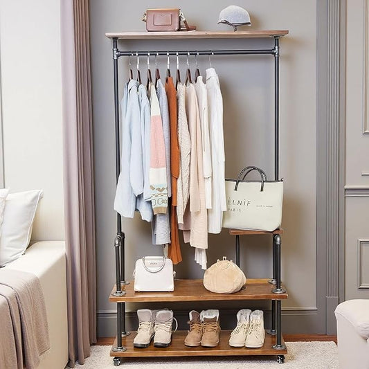 Industrial Clothing Rack, Pipe Style Rolling Garment Rack, Heavy Duty Steampunk Clothes Rack, Hall Tree on Wheels with Shelf and Shoes Storage for Home, Retail Store, Rustic Wood