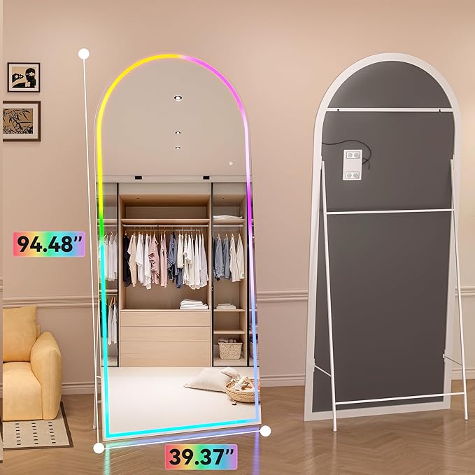 Hasipu 94.4" x 39.3" Arch LED RGB Bluetooth Full Length Mirror with Stand ＆ 7 Color Lighting Modes, Full Body Mirror with White Frame for Bedroom, Living Room, Dressing Room