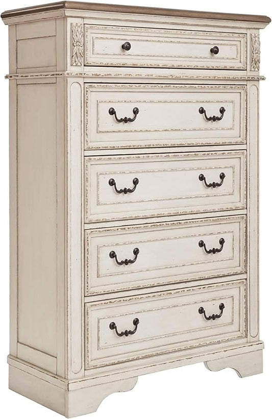 Signature Design by Ashley Realyn French Country 5 Drawer Chest, Tipover Restraint Device, 2-tone Finish, Wood, 40.13" W x 18.13" D x 58.13" H, Chipped White
