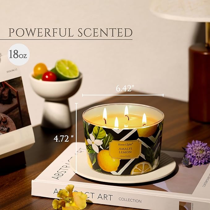 HomeLights Large jar Candle | 4-Wick Long-Lasting Scented Candles, 18oz Natural Soy Wax Candle for Home Scented, Eclectic Mixed Styles Gifts for Women & Men, Amalfi Lemon