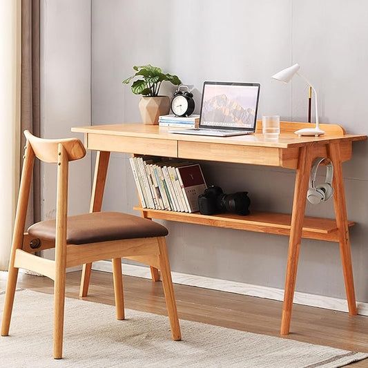 Solid Wood Desk, Mid Century Modern Desks Home Office Desks with Drawers Small Desk for Bedroom